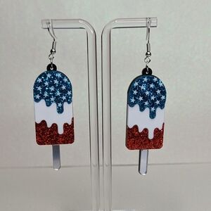 Patriotic 4th of July Red White and Blue Star Popsicle Drop Earrings
